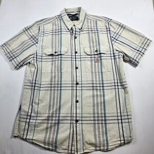 Carhartt Shirt Men M Button Up Cream Blue Plaid Loose Fit Midweight SS Workwear